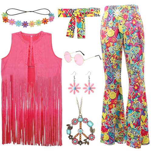 Yuragim Hippie Kostüm Damen Set,7 PCS 60er 70er Jahre Hippie Kleidung mit Fransenweste Schlaghose Stirnband Halskette Ohrringe Sonnenbrille,Hippie Bekleidung Zubehör Disco Outfit für Karneval Fasching von Yuragim