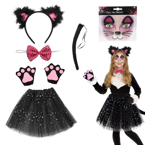 Yuragim Katzenkostüm Kinder, 7 Stück Schwarz Katzen Kostüm Mädchen Cosplay Set mit Tutu Katzenohren-Stirnband Pfoten Handschuhe Katzenschwanz Fliege Temporäre Tattoos, Tierkostüm für Fasching Karneval von Yuragim