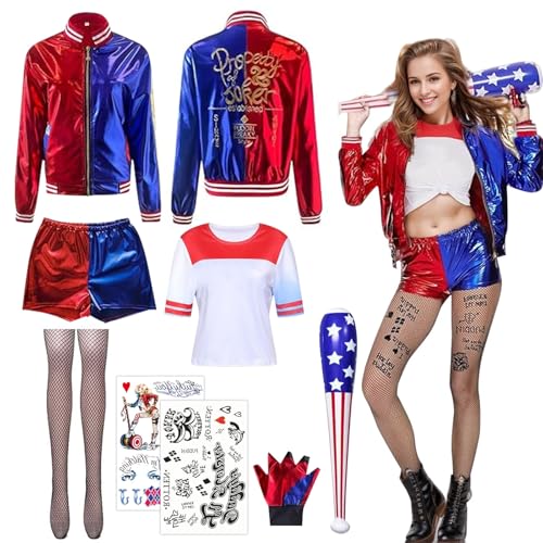 Yuragim Quinn Kostüm Damen Karneval Cosplay Kostüme Kit mit Baseballschläger Handschuhe Jacke T-Shirt Shorts Netzstrümpfe Temporäre Tattoos, Suicide Mädchen Bösewicht Outfits für Faschings Erwachsene von Yuragim