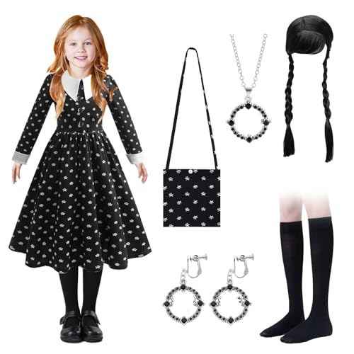 Yuragim Schwarz Kostüm Mädchen, Faschingskostüme Gothic Schwarzer Kleid mit Perücke & Tasche & Socken Set Mittwoch Kostüm Kinder, Lange Kostüm Kleid Mädchen Fasching Karneval Cosplay Party Outfit von Yuragim