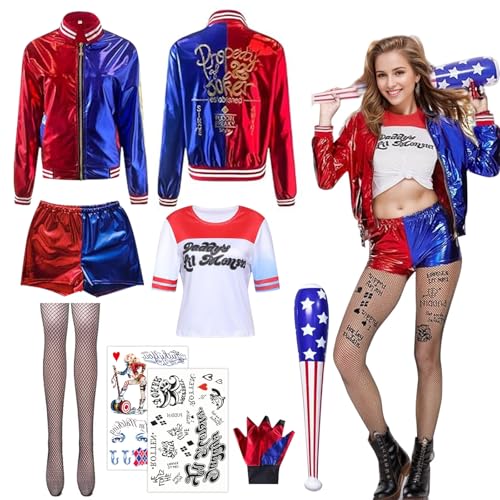 Yuragim Quinn Kostüm Damen Halloween Karneval Cosplay Kostüme Kit mit Handschuhe Jacke T-Shirt Shorts Netzstrümpfe Temporäre Tattoos, Suicide Mädchen Bösewicht Kostüme Harley Kostüm für Erwachsene von Yuragim