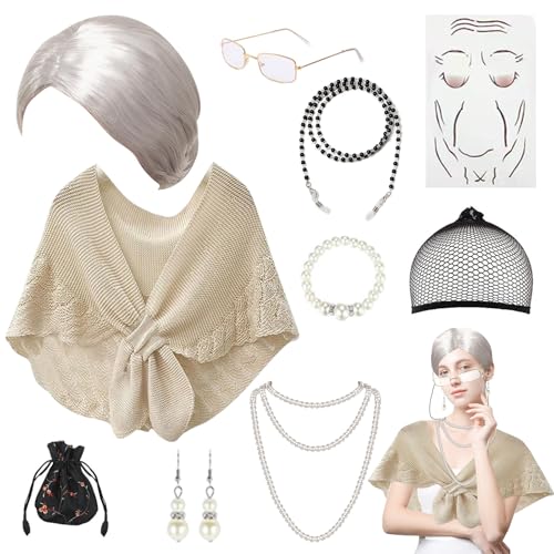 Yuragim Oma Kostüm Alte Frau, Old Lady Kostüm Großmutter Cosplay Zubehör Set Silber Oma Perücke Perückekappe Oma Brille Perlenkette Ohrringe Armband Alte Dame Verkleidung für Fasching Karneval Damen von Yuragim