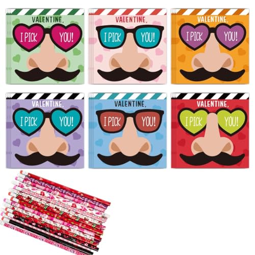 Yurhuit Lustige Nasenpicker-Geschenke zum Valentinstag für Kinder - 24 Valentinstagskarten und 24 Bleistifte - I Pick You Mustache Glasses von Yurhuit