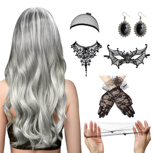 70cm Silbergrau Lockiges Haar, Perücke Frauen Kostüm Set mit Spitze Maske und Handschuhe Damen Cosplay Set mit Gothic Schmuck, Halloween Frauen Perücke für Halloween und Karneval Partys von YushengTai