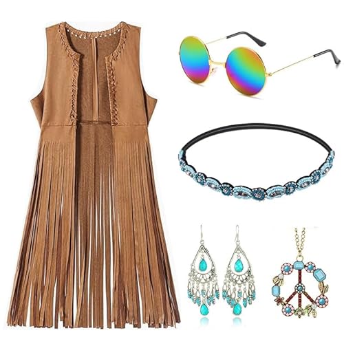 Hippie Kostüm Damen Set, Faschingskostüme Damen, Fransen ärmellos Weste, Mädchen Disco Outfit, 60er 70er Jahre Bekleidung mit Hippie Accessoires, Hippie Bolero Karneval Faschingskostüme, XL von YushengTai