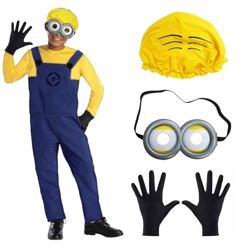 Kinder Halloween Kostüm für Junge Movie Jumpsuit Kostüm mit Gelb Mütze, Runde Steampunk Brille, Schwarze Handschuhe, Kinderoverall für Männer & Frauen, Karneval Kostüm Cosplay Partyzubehör (M) von YushengTai