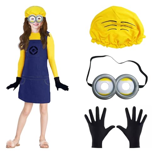 Kinder Halloween Kostüm für Mädchen Movie Jumpsuit Kostüm mit Gelb Mütze, Runde Steampunk Brille, Schwarze Handschuhe, Kinderoverall für Männer & Frauen, Karneval Kostüm Cosplay Partyzubehör (S) von YushengTai