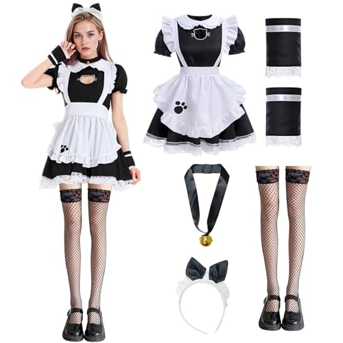 Maid Outfit Schwarz-Weißes, Katze French Maid Dress, Maid Cosplay, Süßes Katzenmädchenkleid, Dienstmädchen Kostüm mit Stirnband Netzstrümpfe, für Weihnachten, Halloween, Karneval, Einheitsgröße von YushengTai