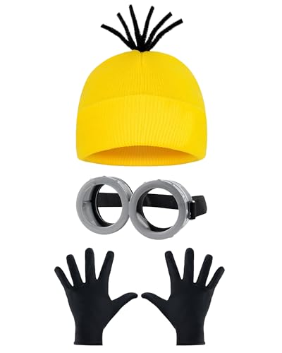 YushengTai 3 Stück Karneval Kostüm Set für Cosplay, Film Kostüm mit Steampunk Brille Gelbe Mütze Schwarze Handschuhe, Karneval Kostüm Set Cosplay Gelbe Filmfiguren für Erwachsene Kinder von YushengTai