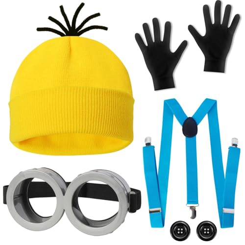 YushengTai 5 Stück Karneval Kostüm Set für Cosplay, Film Kostüm mit Steampunk Brille Gelbe Mütze Schwarze Handschuhe, Karneval Kostüm Set Cosplay Gelbe Filmfiguren für Erwachsene Kinder von YushengTai