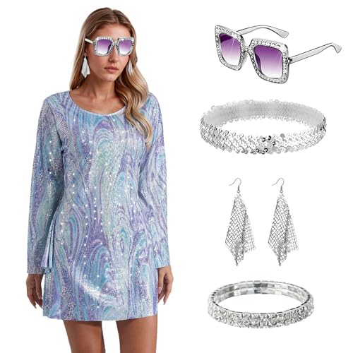 YushengTai 70er Jahre Outfit Damen, Hippie Kleidung Damen, Hippie KostüM Damen, 70er Jahre Party Outfit, 70er Mode Hippie Kleid Damen, Disco Outfit Damen mit Accessoires, L von YushengTai