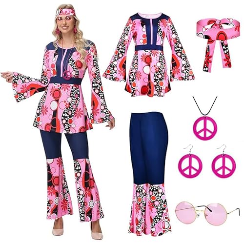 YushengTai 70er Jahre Outfit Damen Hippie Kostüm, Faschingskostüme Damen, Disco Outfit Damen Hippie Kleidung Schlaghose, Hippie Mottoparty Kostüm, für Disco Karneval party, L von YushengTai