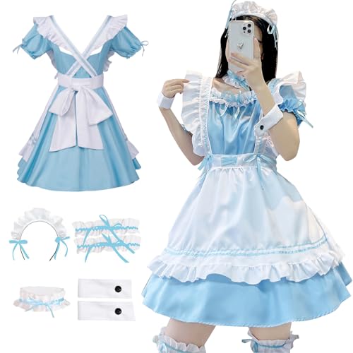 Maid Dress, Blau Maid Outfit Kleid, Cosplay Anime Maid Kostüm, Niedliche Dienstmädchen Kleid Mit Stirnband, Beinschmuck, Halsring, Dienstmädchen Kostüm für Weihnachten Halloween Maskerade, Größe L von YushengTai