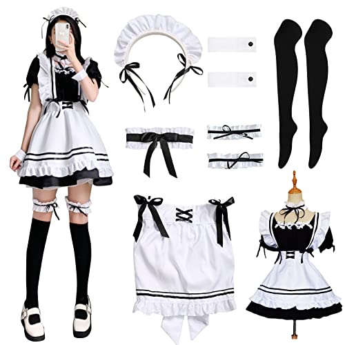 YushengTai Cosplay Anime, Maid Dress, Maid Outfit Cosplay Anzug 7 Pcs, Niedliche Maid Cosplay Kostüm Dress mit Kopfbedeckung Strümpfe, perfekt für Halloween-Weihnachtsmaskerade von YushengTai