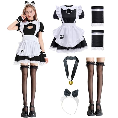 YushengTai Katze French Maid Dress, Maid Outfit Schwarz-Weißes, Süßes Katzenmädchenkleid, Maid Cosplay, Dienstmädchen Kostüm mit Stirnband Strümpfe, für Weihnachten, Halloween, Karneval, Größe M von YushengTai