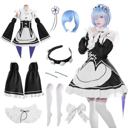 YushengTai Maid Dress, Schwarz Weiß Maid Outfit, Klassisches Cosplay Anime Kostüm Maid Kleid mit Blaue Perücke, Faschingskostüm Damen, Weihnachts Halloween Party Karnevals Kostüm, L von YushengTai