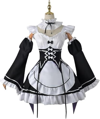 YushengTai Maid Dress, Schwarz Weiß Maid Outfit, Klassisches Cosplay Anime Kostüm Maid Kleid mit Blaue Perücke, Faschingskostüm Damen, Weihnachts Halloween Party Karnevals Kostüm, L von YushengTai