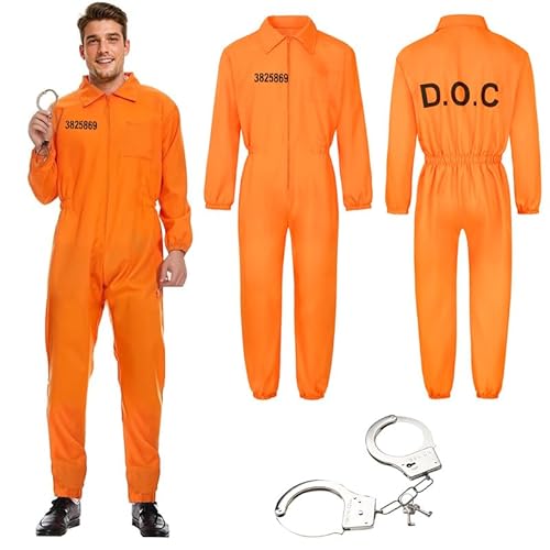 YushengTai Orangener Gefangener Kostüm Set, Gefangenenoverall mit Handschellen, Sträfling Kostüm Herren und Damen, Häftling Kostüm, Party Outfit, Unisex Karneval Verkleidung, M von YushengTai