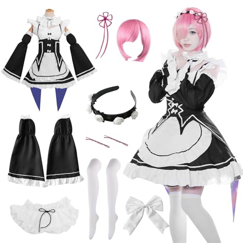 YushengTai Schwarz Weiß Maid Outfit, Cosplay Maid Dress, Klassisches Cosplay Anime Kostüm Maid Kleid mit Rosa Perücke, Faschingskostüm Damen, Weihnachts Halloween Party Karnevals Kostüm, L von YushengTai