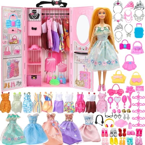 Yutoy Puppen Kleiderschrank Set für Puppe Kleidung, für 11,5 Zoll Mädchen Puppen, 63 Zubehör, Einschließlich Puppenschrank, Kleid, Schuhe, Taschen, Kleiderbügel, Kopfschmuck, Kamm, Spiegel von Yutoy