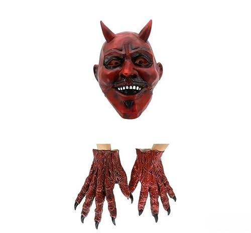 Creepy Cosplay Maske und Handschuhe Set für Halloween Party Red Devil Demon Lustige Maskerade Requisiten Rot von Yuulibux