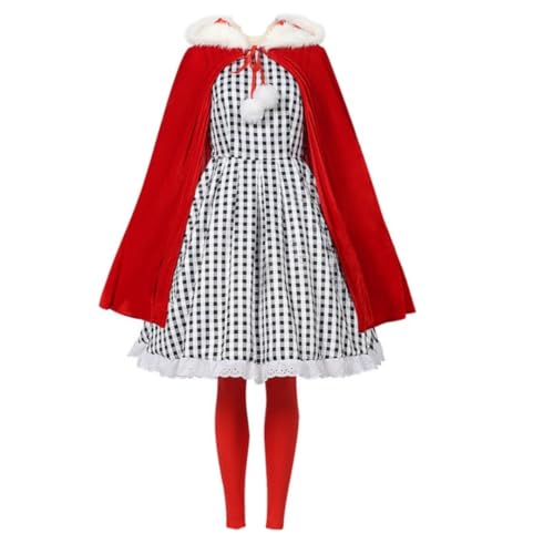 Damen Kostüm Set für Weihnachten und Halloween Party, Schwarz-Weiß Checker Cape mit bezauberndem Hut, Rot/Ausflug, einfarbig (Getaway Solids), L von Yuulibux