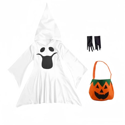 Halloween-Kostüm für Kinder, Geisterfigur, Bühne, Tasche, Kürbishandschuhe, Elfenkleid, Weiß, 110 cm von Yuulibux