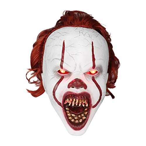 Halloween-Maske, leuchtende Penny-Weise-Maske von IT, Horror-Cosplay-Kostüm-Requisite mit Haaren, A2, L von Yuulibux