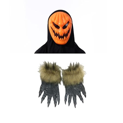 Halloween-Party-Kürbis-Terror-Maske, Kunststoff, 3D-Geister-Festival, Simulation, Kopfbedeckung, Dressing + Wolfshandschuhe, Maske + Handschuhe, L von Yuulibux