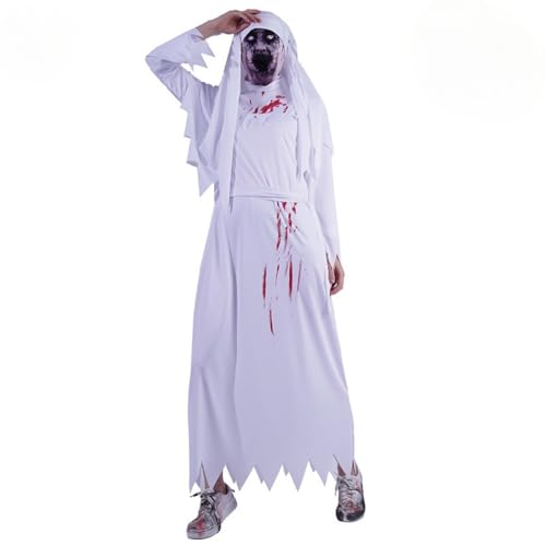 Horror Blutige Zombie Nonne Einheitsgröße Kostüm Maske Kleid Gürtel für Frauen Halloween Karneval Party Cosplay, Weiss/opulenter Garten, L von Yuulibux