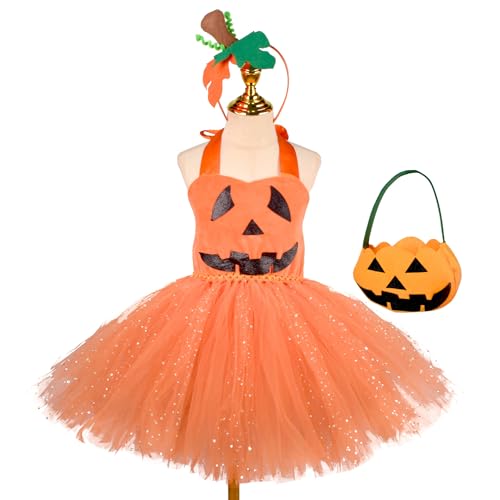 Süßes Kürbis-Kostüm, Röcke, Kopfbedeckung, Körbe-Set für kleine Mädchen, Halloween, Rollenspiele, Orange, 3–4 Jahre (100–110 cm) von Yuulibux