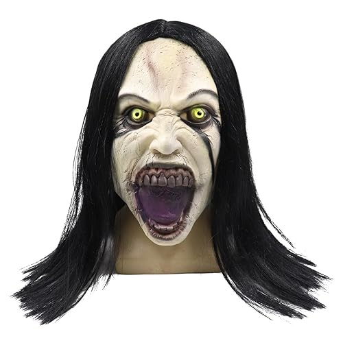 Weeping Woman Curse Movie Bleeding Horror Black Haired Ghost Mask Long Hair Scaring Mask Halloween Pullover Prop, A1, L von Yuulibux