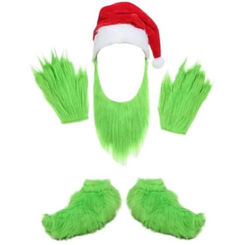 Yuulibux 4-teiliges Set einzigartige Weihnachtsmasken für Erwachsene, grünes Fellmonster mit Weihnachtsmann-Handschuhen und Mütze (rot) von Yuulibux