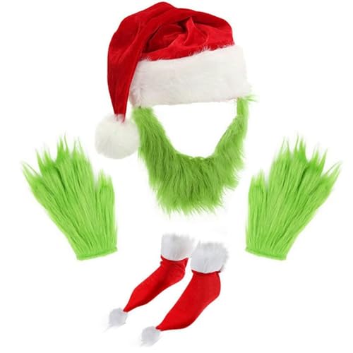 Yuulibux Einzigartige Weihnachtsmasken für Erwachsene, grünes Fellmonster mit Weihnachtsmann-Handschuhen und Mütze, 4-teiliges Set (grün) von Yuulibux