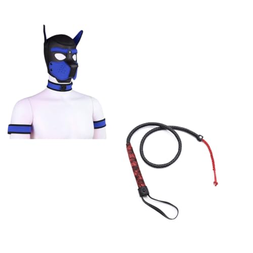 Yuulibux Halloween Komplettes Erwachsenen-Masken-Set für Erwachsene, SM-Cosplay, Vollkopf, Welpen-Maske, Set mit Halsband, Armband und Peitsche für Party (Blau, L) von Yuulibux