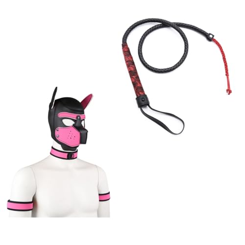 Yuulibux Halloween Komplettes Erwachsenen-Masken-Set für Erwachsene, SM-Cosplay, Vollkopf, Welpen-Maske, Set mit Halsband, Armband und Peitsche für Party (Rosa, L) von Yuulibux