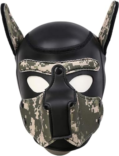 Yuulibux Halloween SM Cosplay Hund Vollkopf Welpenkappe Maske Neopren Gummi Welpen Kappe Maske Erwachsene Gummi Tier Kopf Maske (Camouflage, L) von Yuulibux