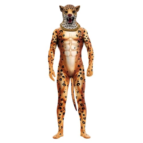 Yuulibux Premium Tierkostüm mit 3D-Leopardenmuster, Ganzkörperabdeckung und Maske, für Halloween oder Cosplay (Herren, Größe S) von Yuulibux