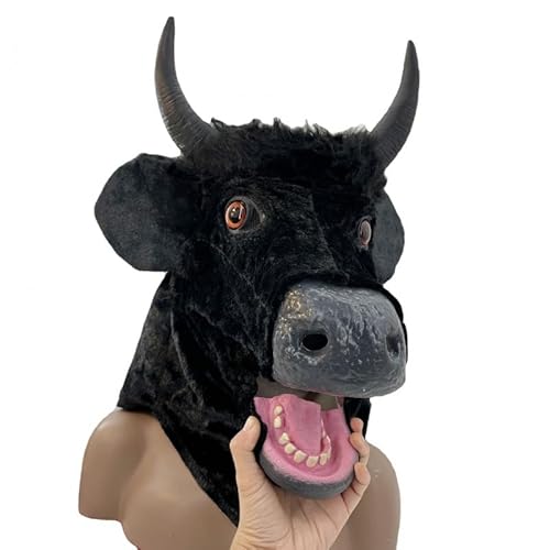 Yuulibux Realistische Moving Mouth Plüsch Schwarz Stier Tier Maske für Halloween, Fuchsmaske Cosplay Halloween und Kostümpartys (Rinder) von Yuulibux