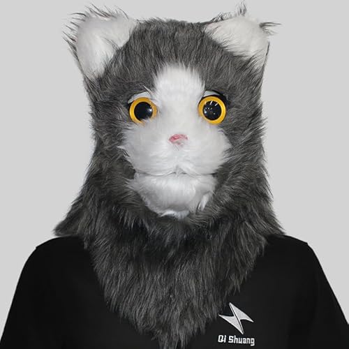 Yuulibux Realistische Tierkopfmaske mit beweglichem Mund – perfekt für Halloween und Kostümpartys, lustige Veranstaltungen (grau-weiße Katze) von Yuulibux