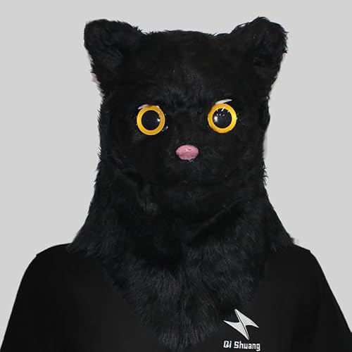 Yuulibux Realistische Tierkopfmaske mit beweglichem Mund – perfekt für Halloween und Kostümpartys, lustige Veranstaltungen (schwarze Katze) von Yuulibux