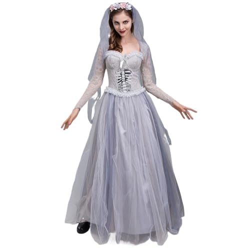 Yuulibux Schreckliches Brautkostüm mit Schleier für Halloween-Partys und Aufführungen, Make-up-Party-Kostüme, Weiss/opulenter Garten, XL von Yuulibux