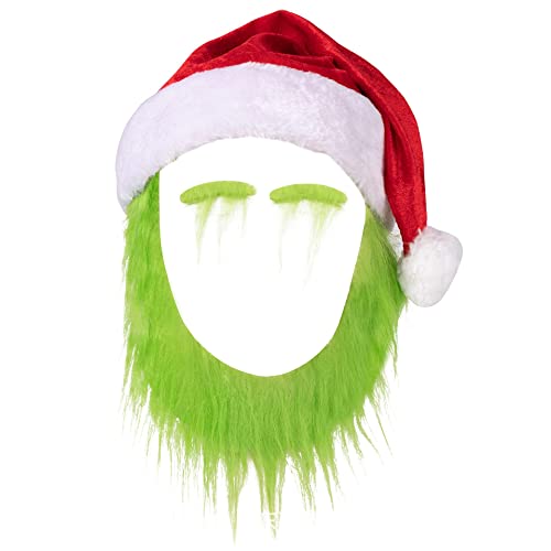 Yuulibux Weihnachtsfeier grünes Fell Monster Stirnband, Bart, Hut und Handschuhe für Kinder und Erwachsene (Bart, Hut, Augenbrauen) von Yuulibux