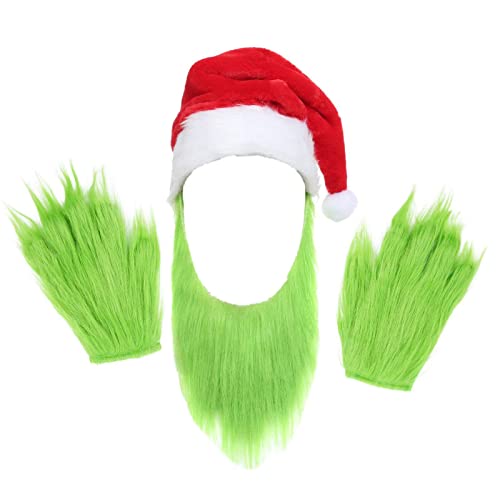 Yuulibux Weihnachtsfeier grünes Fell Monster Stirnband, Bart, Mütze und Handschuhe für Kinder und Erwachsene (Bart Hut Handschuhe) von Yuulibux