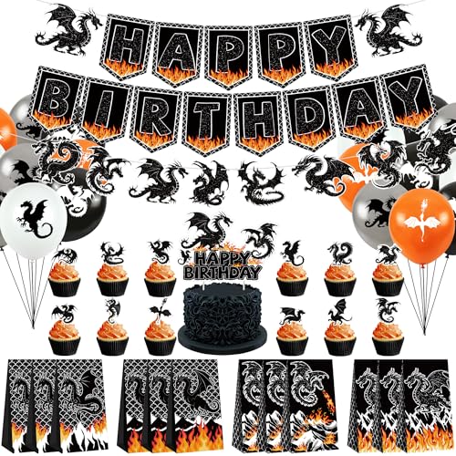 Drachen-Geburtstagsparty-Dekoration, einschließlich Happy Birthday Party-Banner, Kuchendekoration, Geschenktüte, Luftballons, für Drachen-Mottoparty-Zubehör Drachen-Geburtstagsparty-Dekoration, einschließlich Happy Birthday Party-Banner, Kuchendekoration, Geschenktüte, Luftballons, für Drachen-Mottoparty-Zubehör von Ywediim
