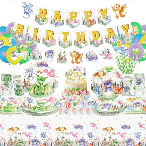 Drachen-Geburtstagsparty-Dekoration, einschließlich Happy Birthday Party-Banner, Teller, Tassen, Servietten, Tischdecke, Luftballons, Strohhalme, Drachen-Geburtstagsdekorationen für 20 Gäste Drachen-Geburtstagsparty-Dekoration, einschließlich Happy Birthday Party-Banner, Teller, Tassen, Servietten, Tischdecke, Luftballons, Strohhalme, Drachen-Geburtstagsdekorationen für 20 Gäste von Ywediim