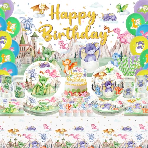 Drachen-Geburtstagsparty-Dekoration, einschließlich Happy Birthday-Party-Hintergrund, Teller, Tassen, Servietten, Tischdecke, Luftballons, Strohhalme, Drachen-Geburtstagsdekorationen für 20 Gäste Drachen-Geburtstagsparty-Dekoration, einschließlich Happy Birthday-Party-Hintergrund, Teller, Tassen, Servietten, Tischdecke, Luftballons, Strohhalme, Drachen-Geburtstagsdekorationen für 20 Gäste von Ywediim