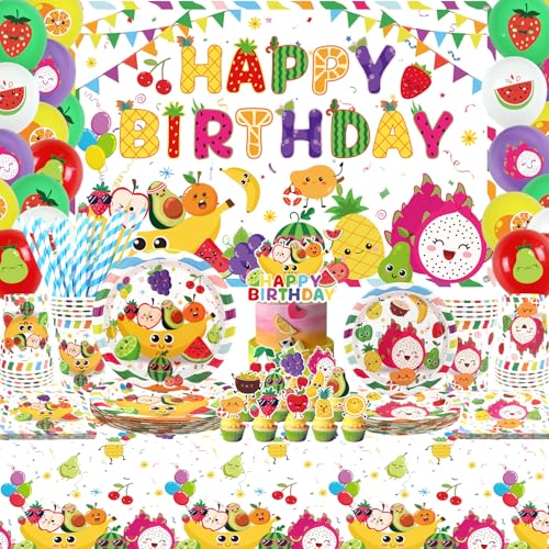 Obst Geburtstagsparty Zubehör, beinhaltet Happy Birthday Hintergrund, Teller, Cupcake Toppers, Servietten, Tassen, Tischdecken, für Sommer Obst Geburtstagsparty Zubehör serviert 20 (Set A) von Ywediim