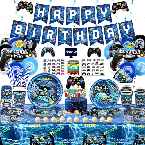 Gamer Geburtstags Deko- Enthalten HAPPY BIRTHDAY Banner ,Teller, Tassen, Servietten, Tischdecke, Silikonarmband, Sticker, Gaming Controller, für Kinder Jungen Geburtstags Deko 20 Personen von Ywediim