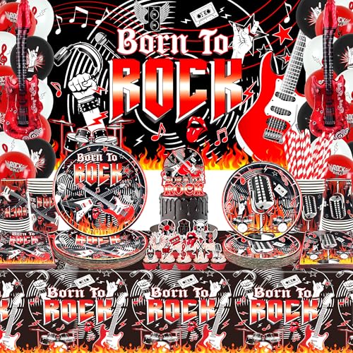 Rock and Roll Partydekorationen, einschließlich Born to Rock Hintergrund Banner, Teller, Servietten, Tischdecke, Kuchenaufsätze, Luftballons, Tischdecken, für Rockmusik Thema Party Supplies von Ywediim